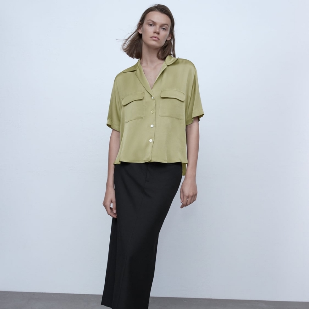 Zara short sleeve silky Olive top